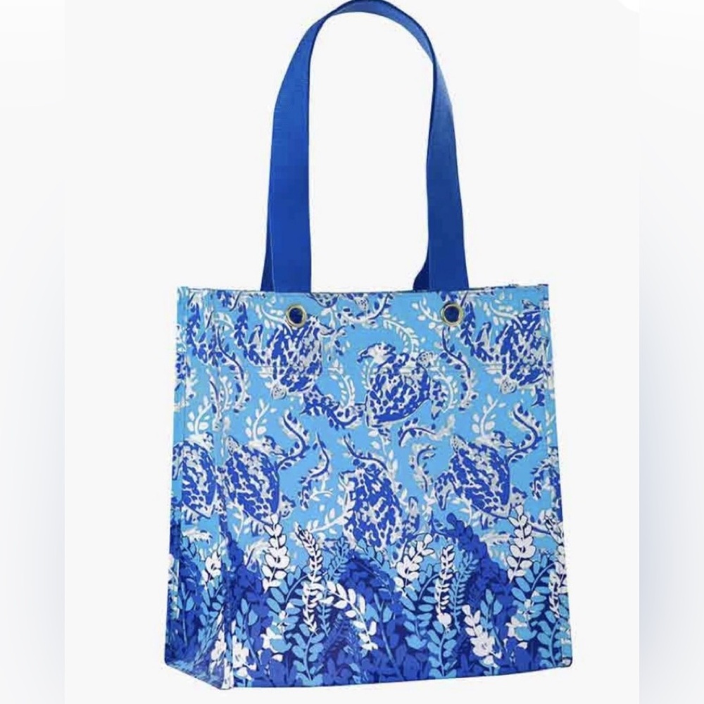 Lily Pulitzer Blue & White Sea Turtle Shopping Reusable Heavy Duty Tote Bag LG